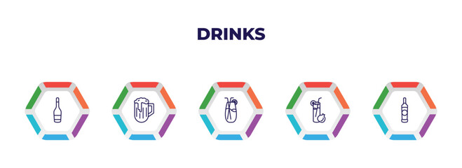 editable outline icons with infographic template. infographic for drinks concept. included wine bottles, pub, planter's punch, pomegranate martini, vodka icons.