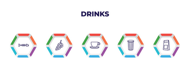 editable outline icons with infographic template. infographic for drinks concept. included fish skeleton, bunch of grapes, espresso, paper cup, coffee bag icons.