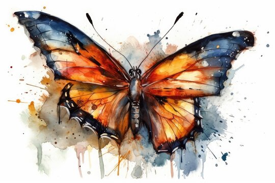 colorful butterfly painted in watercolor technique on a plain white background. Generative AI