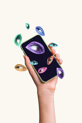 3d retro abstract creative artwork template collage of arm holding apple samsung device eye peek...