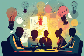 Diverse business team performing a brainstorming session, creative Idea generation, generative AI