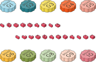 アイソメトリックスタイルの雲型のポイントのアイコンセット。上向きのカラフルで立体的なアイコン素材２