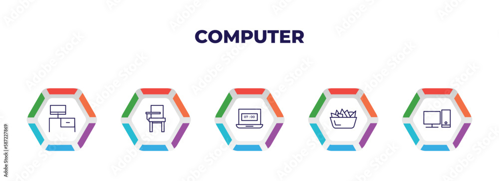Poster editable outline icons with infographic template. infographic for computer concept. included worksta