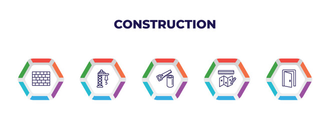 editable outline icons with infographic template. infographic for construction concept. included brickwall, derrick facing right, wood saw, measures plan, doors open icons.