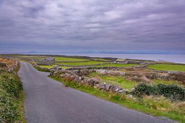 Fototapeta premium Cloudy landscape with an old Irish cottage and stonewall in spring