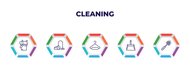 editable outline icons with infographic template. infographic for cleaning concept. included bucket cleanin, wiping vacuum tool, hanger cleanin, wiping dustpan, toilet brush cleanin icons.
