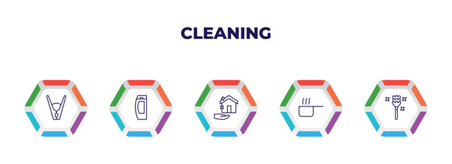 editable outline icons with infographic template. infographic for cleaning concept. included clothes peg, shampoo, clean-living, hot water, feather duster icons.