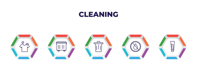 editable outline icons with infographic template. infographic for cleaning concept. included clean clothes, wiping trash container, wiping trash, no water cleanin, toothpaste icons.