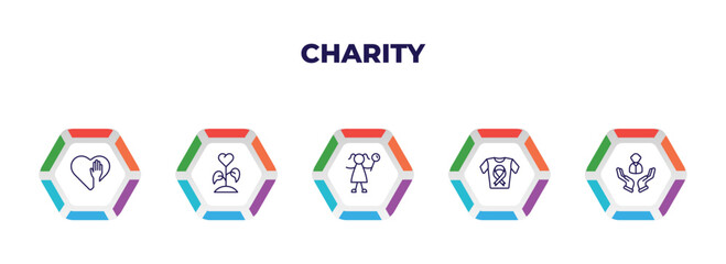 editable outline icons with infographic template. infographic for charity concept. included voluntary service, plant heart, happy kids, clothes donation, human icons.