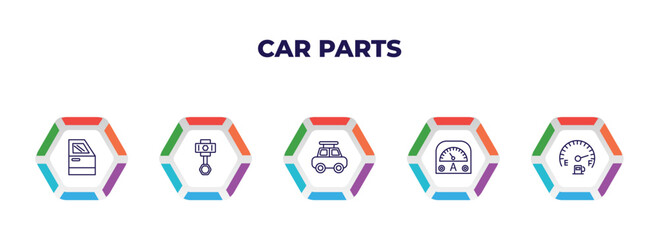 editable outline icons with infographic template. infographic for car parts concept. included car trim, car cylinder, roof, ammeter, petrol gauge icons.