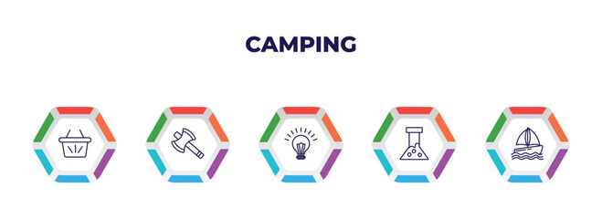 editable outline icons with infographic template. infographic for camping concept. included basket, axes, lamp, flask, boat icons.