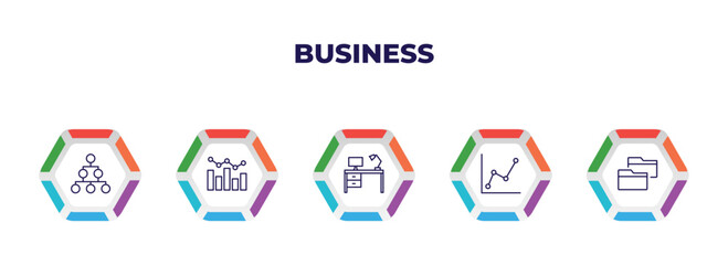 editable outline icons with infographic template. infographic for business concept. included hierarchical order, graphs, work table, graphic chart, two folders icons.