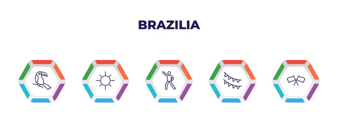 editable outline icons with infographic template. infographic for brazilia concept. included toucan, sun, dancer, garlands, flags icons.