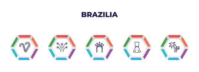 editable outline icons with infographic template. infographic for brazilia concept. included canes, fireworks, headdress, costume, palm tree icons.