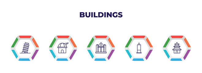 editable outline icons with infographic template. infographic for buildings concept. included pisa tower, space, reserve bank, trade center, buddhist temple icons.