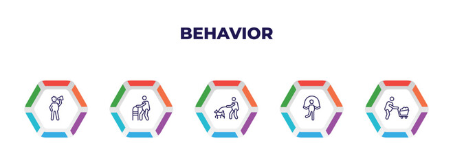 editable outline icons with infographic template. infographic for behavior concept. included man shouting, old man with cane, walking the dog, rope jumping, man wirth carry icons.