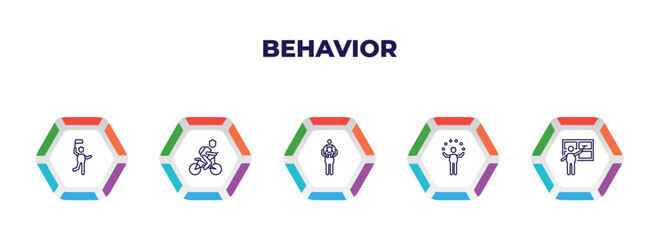 editable outline icons with infographic template. infographic for behavior concept. included man with flag, man cycling, piggyback a kid, circus man, window cleaning icons.