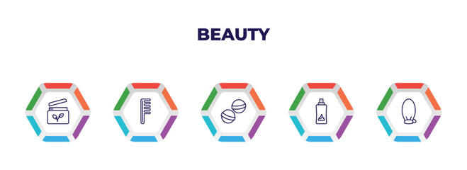 editable outline icons with infographic template. infographic for beauty concept. included feet cream, one comb, bath salts bomb, hair foam, exfoliating mitt icons.