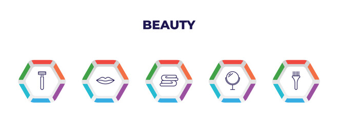 editable outline icons with infographic template. infographic for beauty concept. included razor, woman lips, folded towel, makeup mirror, tint brush icons.