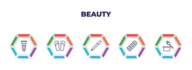 editable outline icons with infographic template. infographic for beauty concept. included hair razor, two flip flops, eye pencil, curler with pin, tint bowl icons.