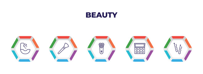 editable outline icons with infographic template. infographic for beauty concept. included hair washer sink, inclined makeup brush, electric shaver, eye shadow, bobby pins icons.