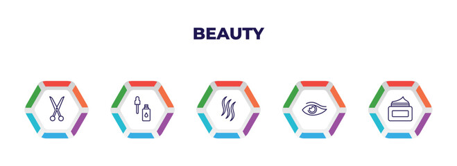 editable outline icons with infographic template. infographic for beauty concept. included hair scissors, skincare, hair, woman eye, facial cream icons.