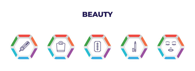 editable outline icons with infographic template. infographic for beauty concept. included flat iron, big scale, big razor blade, eyeliner, woman face icons.