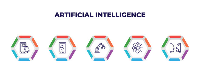 editable outline icons with infographic template. infographic for artificial intelligence concept. included touch screen, ip, mechanical arm, goals, turing test icons.