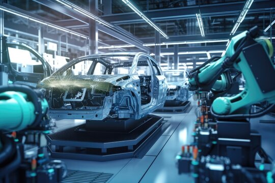 Car factory digitalization Industry 4.0 Concept-automated robot arm assembly line manufacturing High-Tech green energy electric vehicles