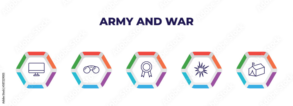 Poster editable outline icons with infographic template. infographic for army and war concept. included com