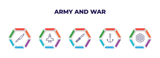 editable outline icons with infographic template. infographic for army and war concept. included knife, jet, combat knife, naval, chamber icons.
