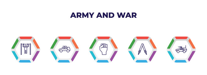editable outline icons with infographic template. infographic for army and war concept. included pull up, army car, rebellion, shoulder strap, armored vehicle icons.