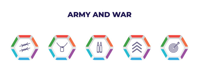 editable outline icons with infographic template. infographic for army and war concept. included barbed wire, dog tag, two bullets, chevrons, target icons.
