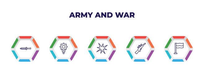 editable outline icons with infographic template. infographic for army and war concept. included military knife, strategy, explosion, rifle, patriot icons.