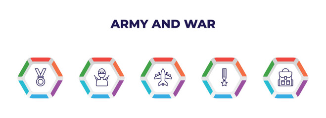 editable outline icons with infographic template. infographic for army and war concept. included medal, guerrilla, fighter plane, militaty medal, backpack icons.