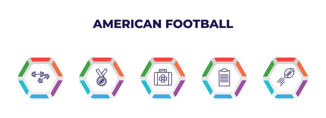 editable outline icons with infographic template. infographic for american football concept. included barbell, american football medal, first aid kit, pad, ball on flight icons.
