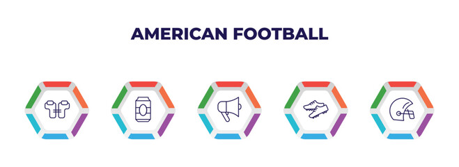 editable outline icons with infographic template. infographic for american football concept. included shoulder pad, can of beer, megaphone, cleats, football helmet icons.