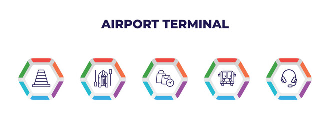 editable outline icons with infographic template. infographic for airport terminal concept. included road cone, lifeboat, duty free basket, airport bus, airport headphones icons.