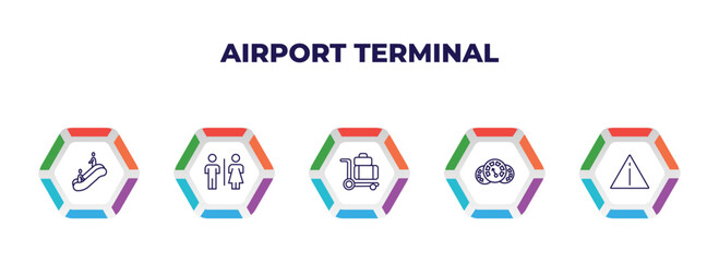 editable outline icons with infographic template. infographic for airport terminal concept. included or up, airport toilets, luggage trolley, flight panel, danger sing icons.