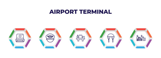 editable outline icons with infographic template. infographic for airport terminal concept. included vintage camera, pilot hat, luggage security, parachute open, airport queue icons.