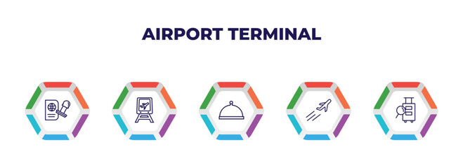 editable outline icons with infographic template. infographic for airport terminal concept. included stamp for passports, train to the airport, tray with cover, plane flying, luggage inspection