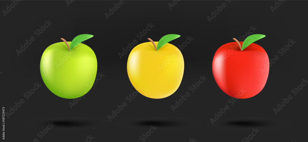 Poster different apple icons collection. 3d vector isolated on black background