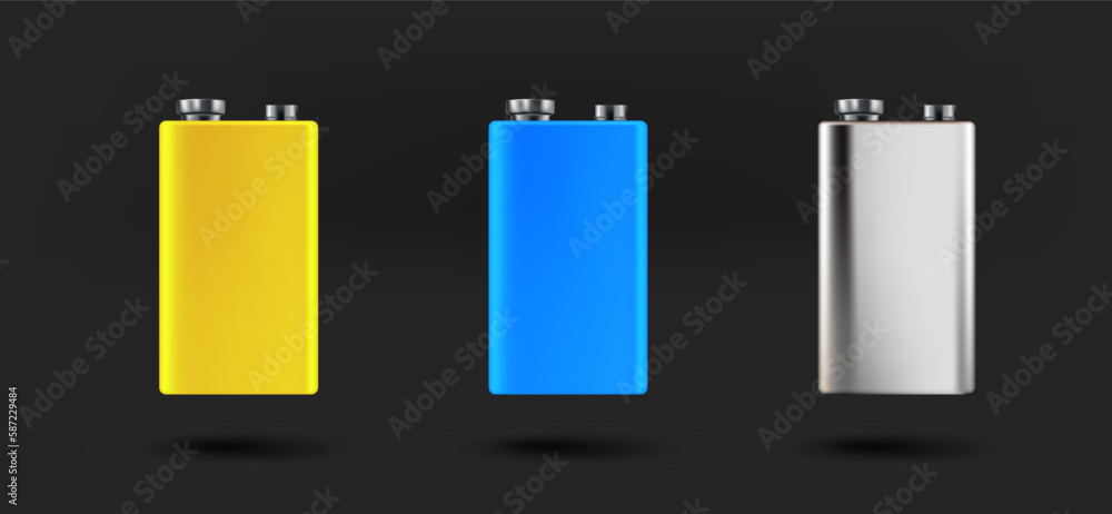 Poster different 9v batteries icons collection. 3d vector isolated on black background