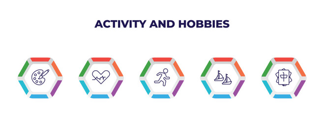 editable outline icons with infographic template. infographic for activity and hobbies concept. included coloring, heart rate, jogging, boat race, mahjong icons.