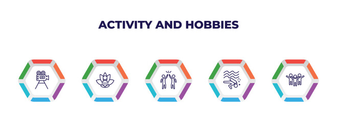 editable outline icons with infographic template. infographic for activity and hobbies concept. included film making, meditating, meeting with a friend, diving, aerobic icons.