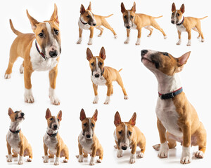 Isolated mini bull terier in diferent positions collage