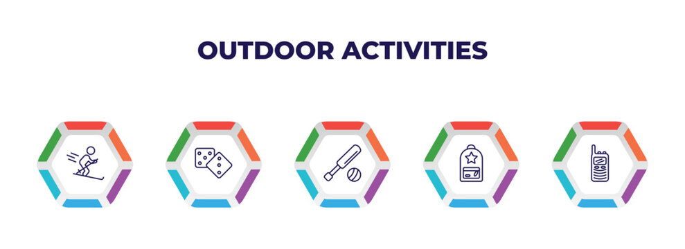 editable outline icons with infographic template. infographic for outdoor activities concept. included skii, table game, cricket, backpacks, walkie talkies icons.