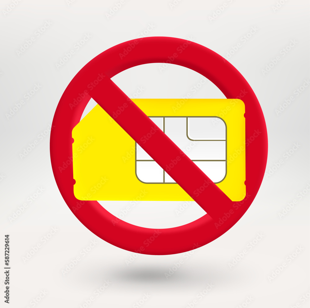 Poster Mobile phone sim card icon in red circle with crossed line. No light concept. 3d vector icon 