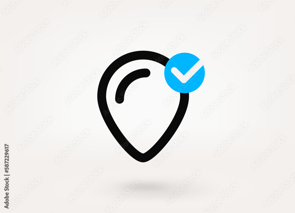 Poster Map pin pictogram with approve check mark. Linear vector linear icon