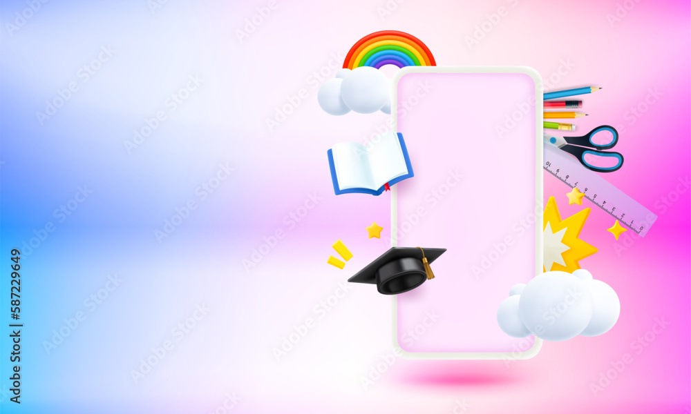 Poster modern smartphone with arts and education elements and blank screen. 3d vector banner with copy spac